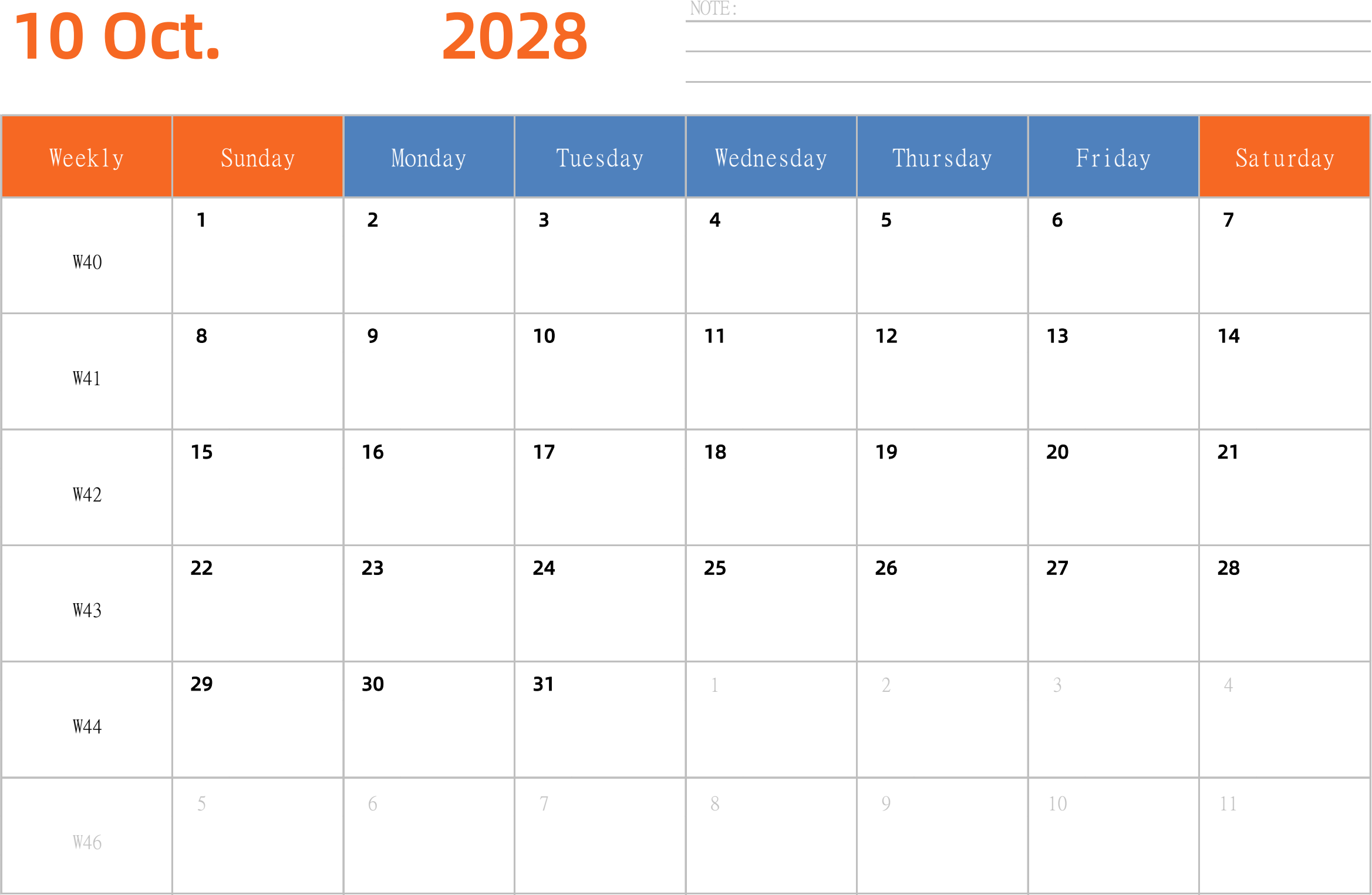 日历表2028年日历 英文版 横向排版 周日开始 带周数